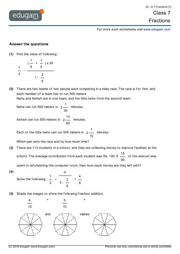 Class 7 Math Worksheets and Problems: Fractions  Edugain 