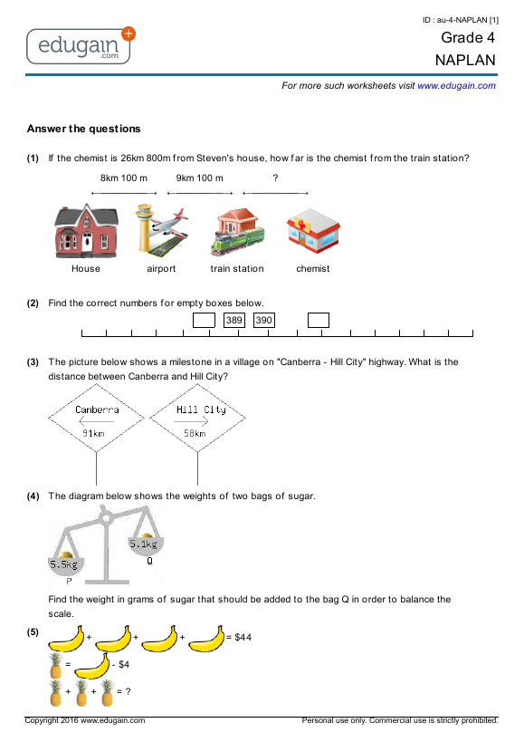 1 maths grade worksheets for kangaroo Online Printable Worksheets, Year NAPLAN: 7 Practice