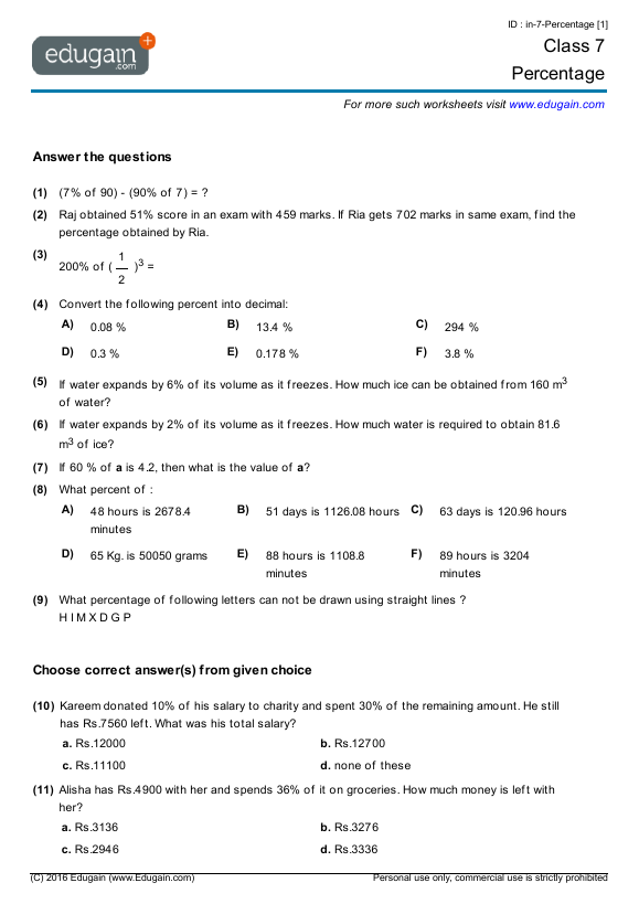 class 7 math worksheets and problems percentage edugain