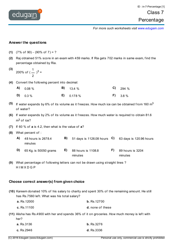 7th Grade Percentage Word Problems Worksheets Grade 7 Math Worksheets And Problems Percentage 