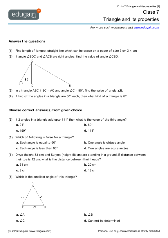 Grade 7 Math Worksheets and Problems: Triangle and its ...