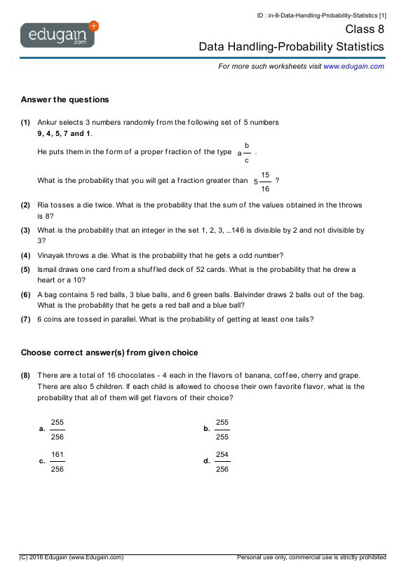 class 8 math worksheets and problems data handling