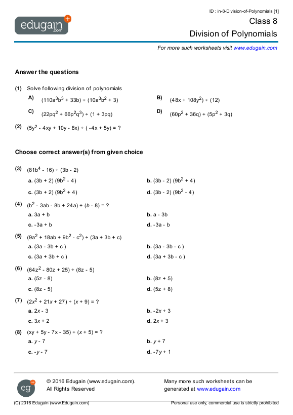 class 8 math worksheets and problems division of polynomials edugain