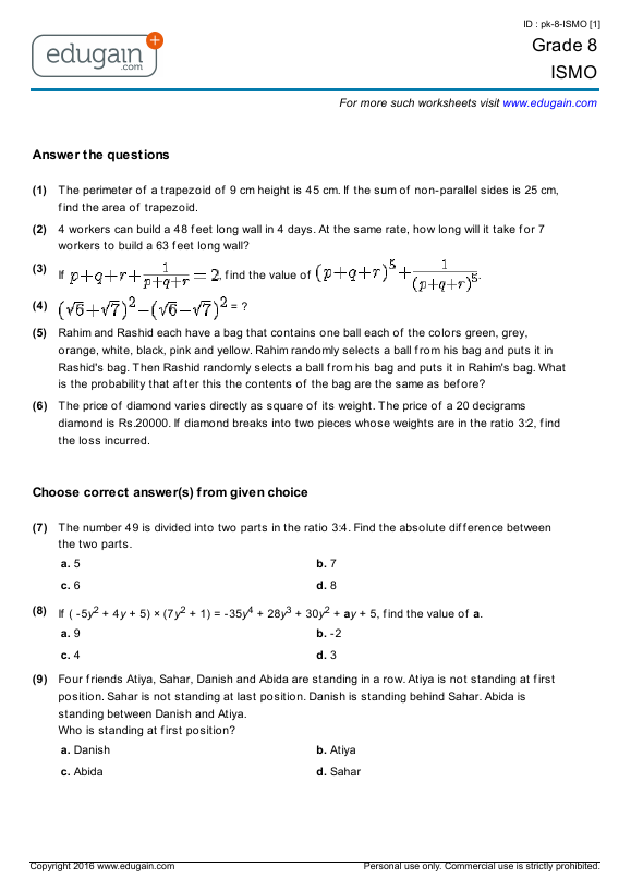 grade 8 ismo printable worksheets online practice online tests and