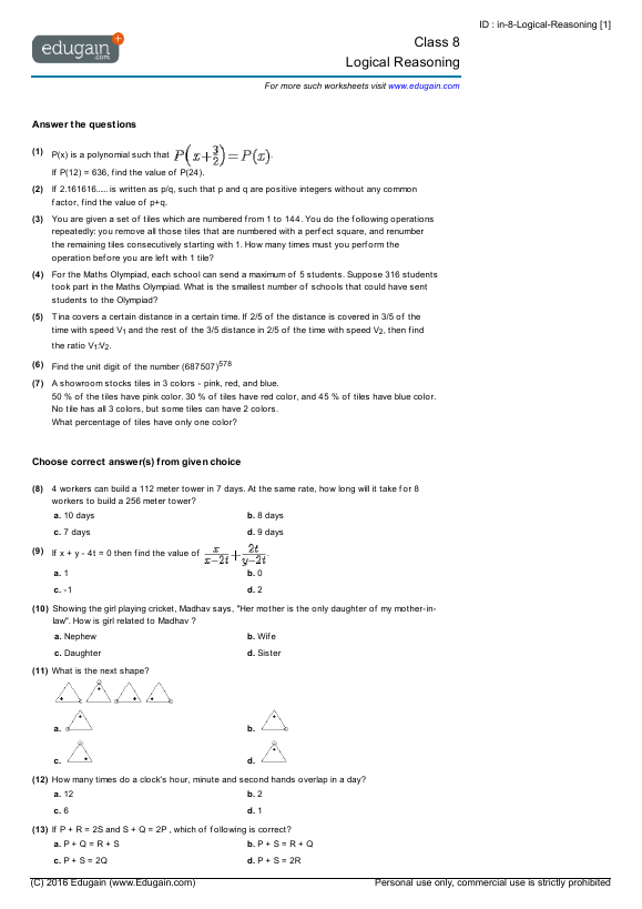 Class 8 Math Worksheets and Problems: Logical Reasoning | Edugain India