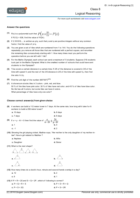 free reasoning worksheets 1 grade logical for Reasoning Problems: 8 Worksheets Logical and Math Class