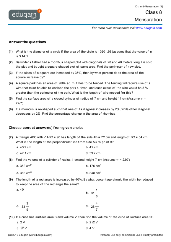 Grade 8 Math Worksheets and Problems: Mensuration ...