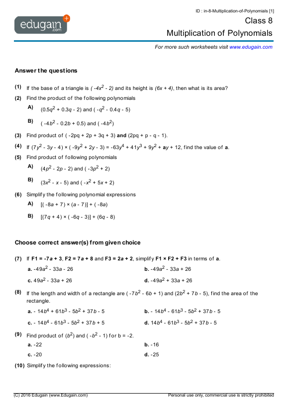 Grade 8 Math Worksheets and Problems: Multiplication of Polynomials