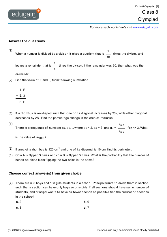 class 8 olympiad printable worksheets online practice