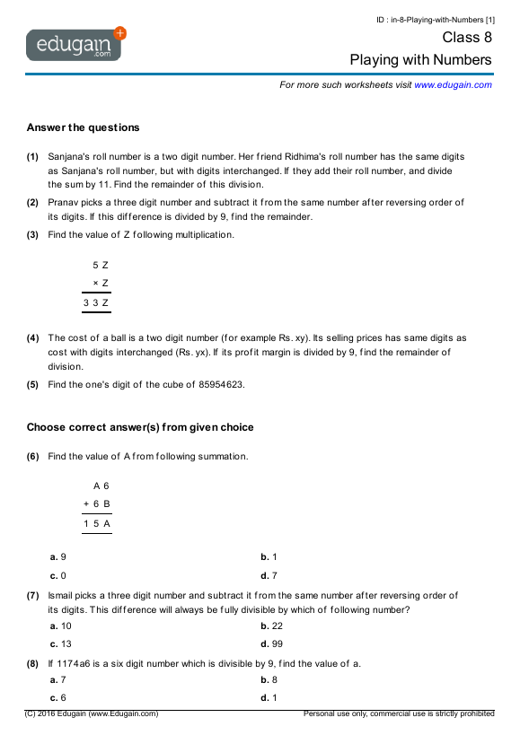 Class 8 Math Worksheets And Problems Playing With Numbers Edugain India