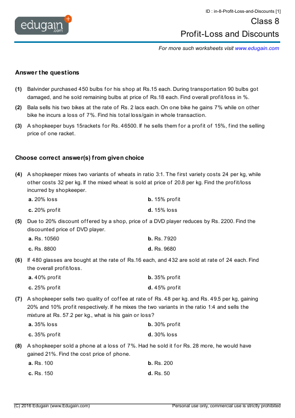 Grade 8 Math Worksheets And Problems Profit Loss And Discounts