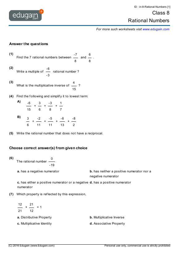 Compare And Order Rational Numbers Worksheet 8th Grade