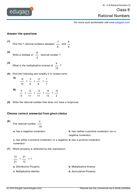 Rational Numbers Worksheet Pdf