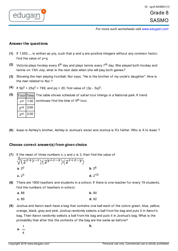 grade 8 sasmo printable worksheets online practice