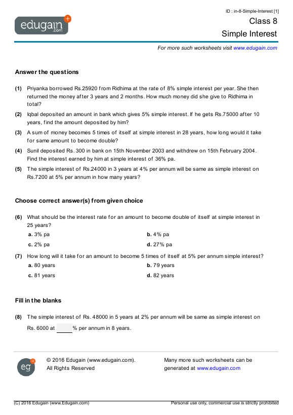 year 8 math worksheets and problems simple interest