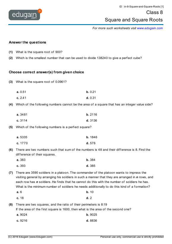 Grade 8 Math Worksheets And Problems Square And Square Roots Edugain Global