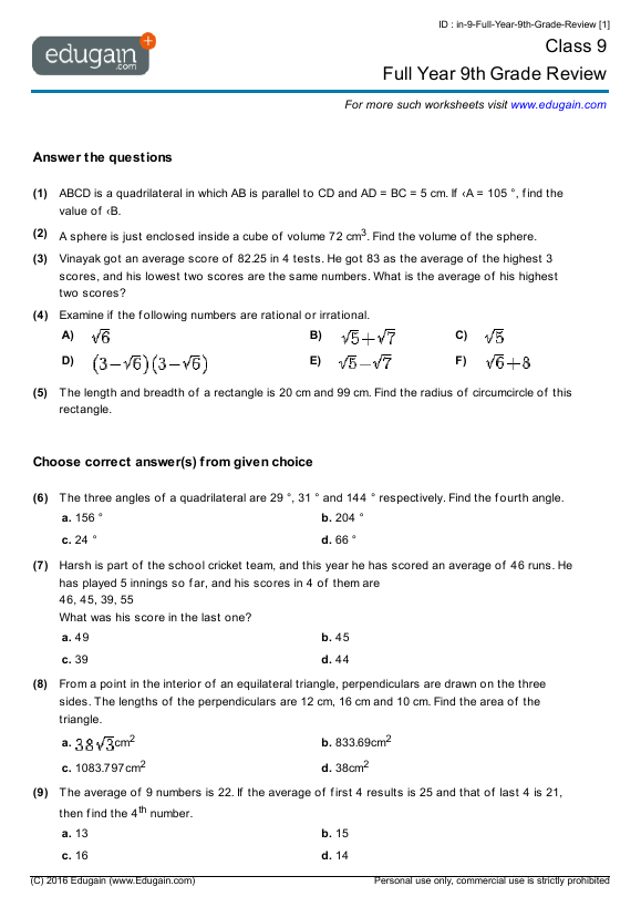 9Th Grade Math Worksheets With Answer Key bmphoser