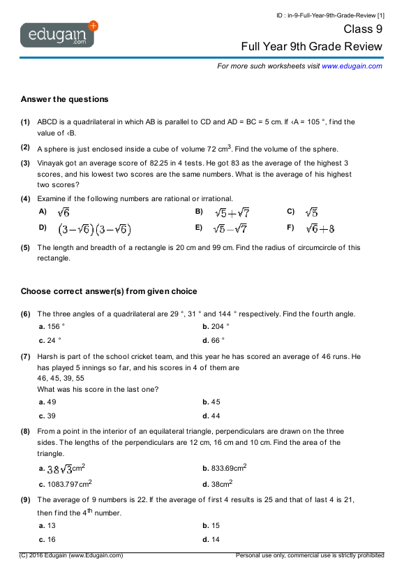 Grade 9 Math Worksheets And Problems Full Year 9th Grade Review Edugain USA