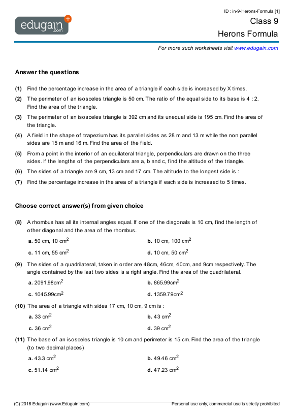 class 9 math worksheets and problems herons formula