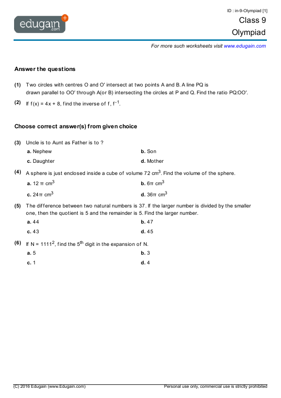 grade 9 olympiad printable worksheets online practice online tests