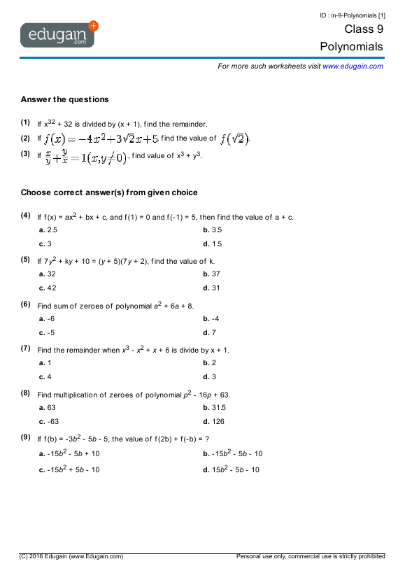 Grade 9 Math Worksheets And Problems Polynomials Edugain USA